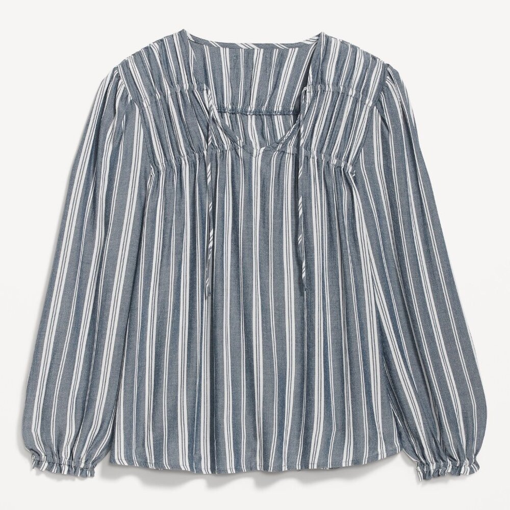 Old Navy Striped Crinkled Smocked Poet Swing Blue Blouse